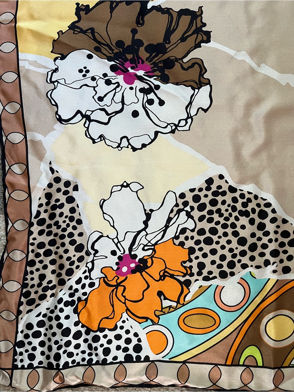 Luxury 100% Silk Square Scarf Floral Geometric Mixed Print Tan Yellow - Picture 5 of 7